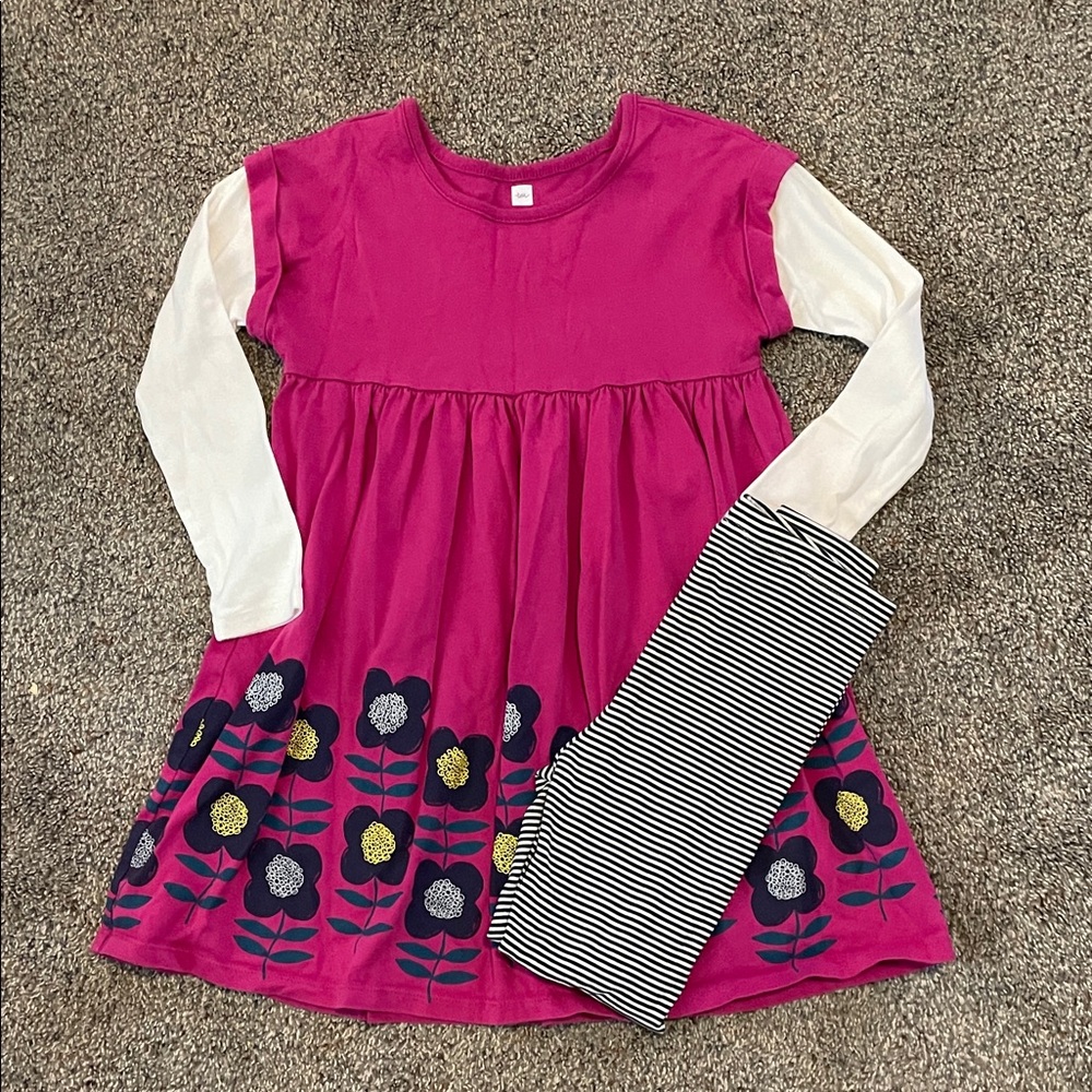 Tea Collection Fuchsia Floral Dress with Striped Leggings